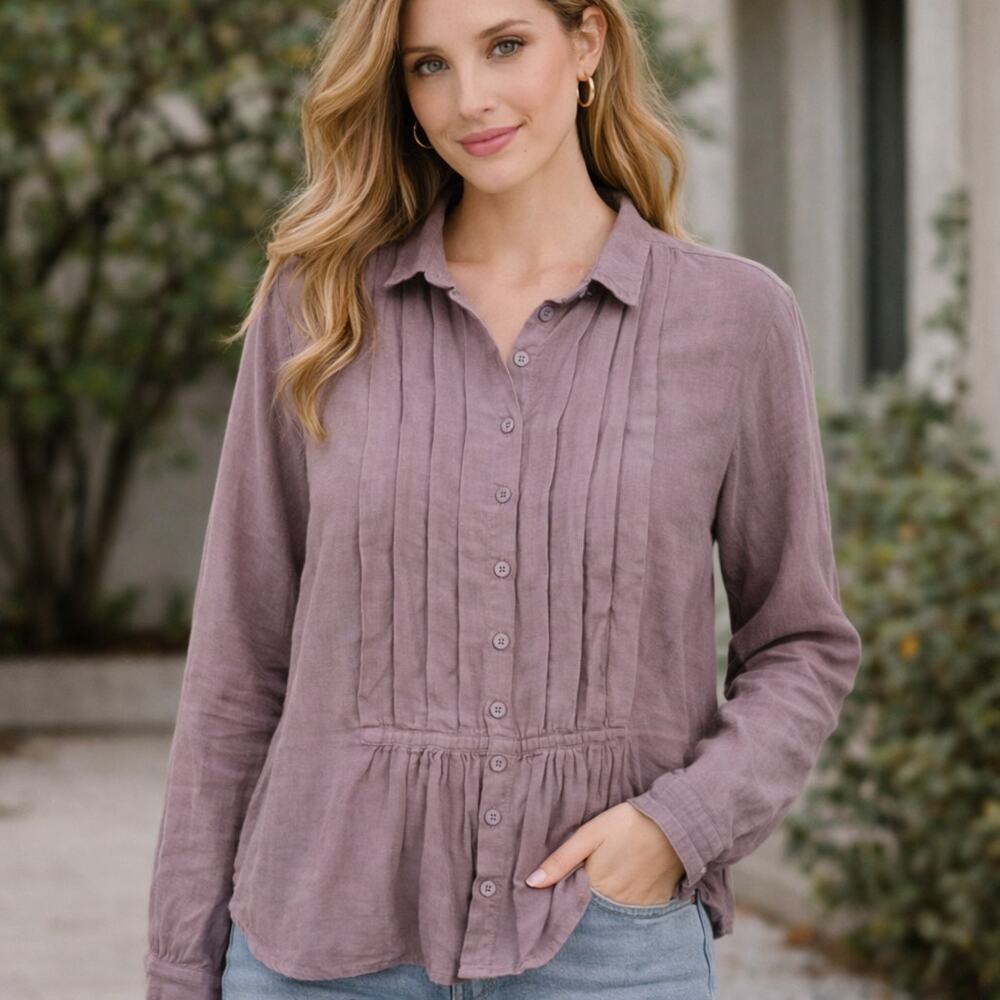 CP Shades Pintuck Tunic Shirt Womens Sz S 100% Linen Lilac Purple Art To Wear